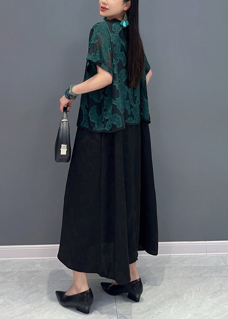 Handmade Green O-Neck Print Fake Two Pieces Long Dress Summer AO1048 JDML-SDLSS240909