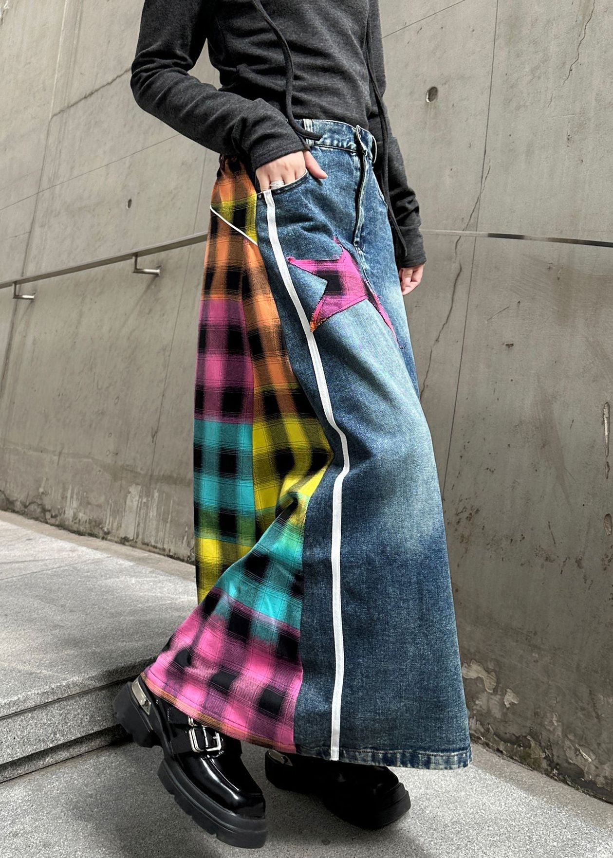 Patchwork Denim Rose Modern Waist Skirts Asymmetrical Elastic FashionChic
