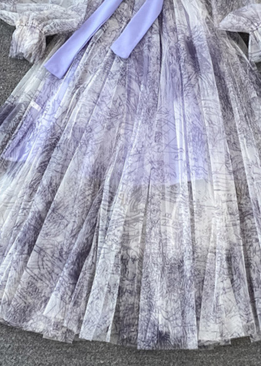 Purple O-Neck Bow Tulle Long Dress Puff Sleeve AJ1038 shopify