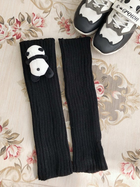 Set Pom-Pom Brooch Knitted + Warmers Black White Leg Decorated / Creamy Panda FashionChic