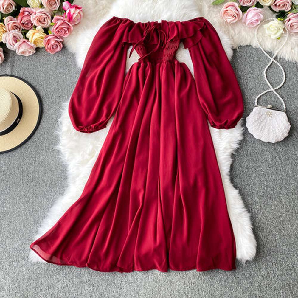 Chic Red Off Shoulder With Ruffles Long Puff Sleeve Midi Dress AR1019 shopify