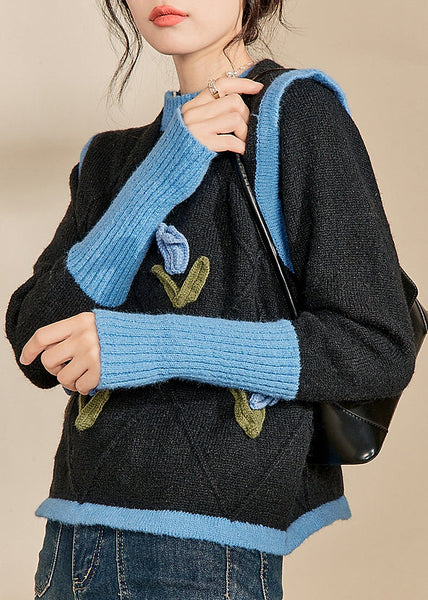 Casual Blue O-Neck Patchwork Cotton Knit Sweaters Winter WV005 ABC
