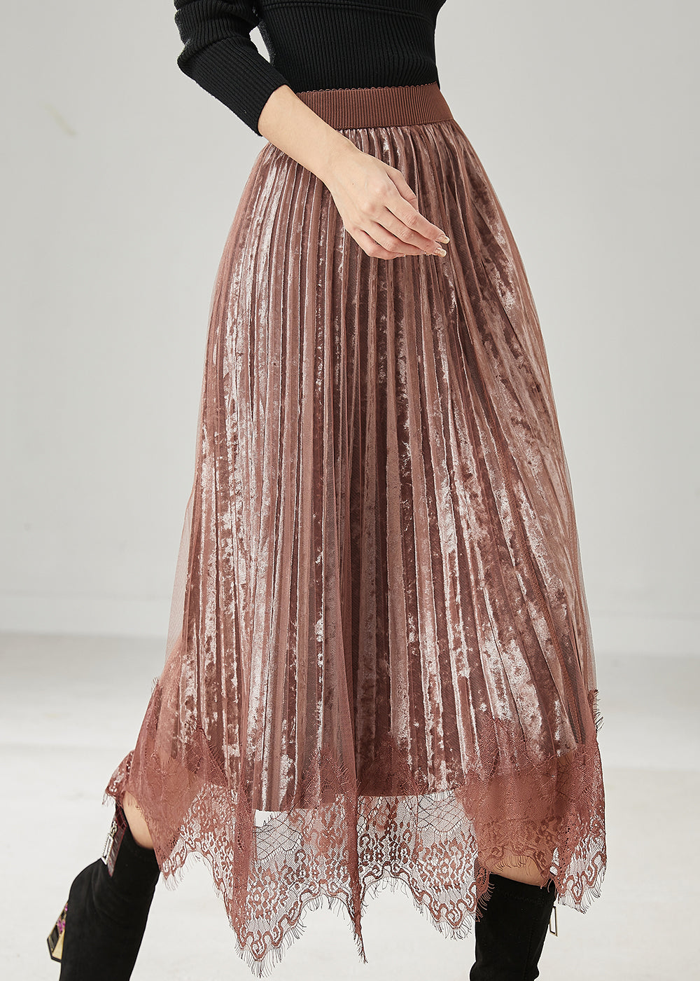 Modern Brown Patchwork Lace Silk Velvet Pleated Skirts Spring AZ1039 shopify