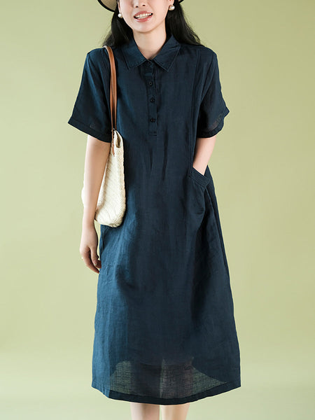 Women Summer Casual Solid Polo Collar 100%Ramie Dress CX056 ZMMM