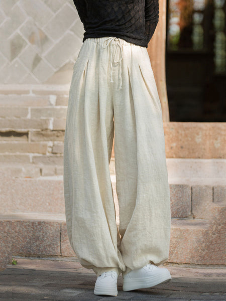 Women Autumn Vintage Solid Ramie Loose Bloomers AV1057 Genistyle Shop