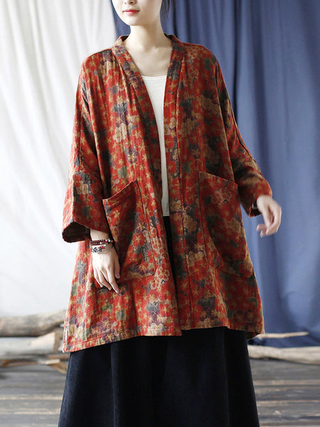 Women Ethnic Floral V-neck Pocket Cardigan Coat RR019 XIM