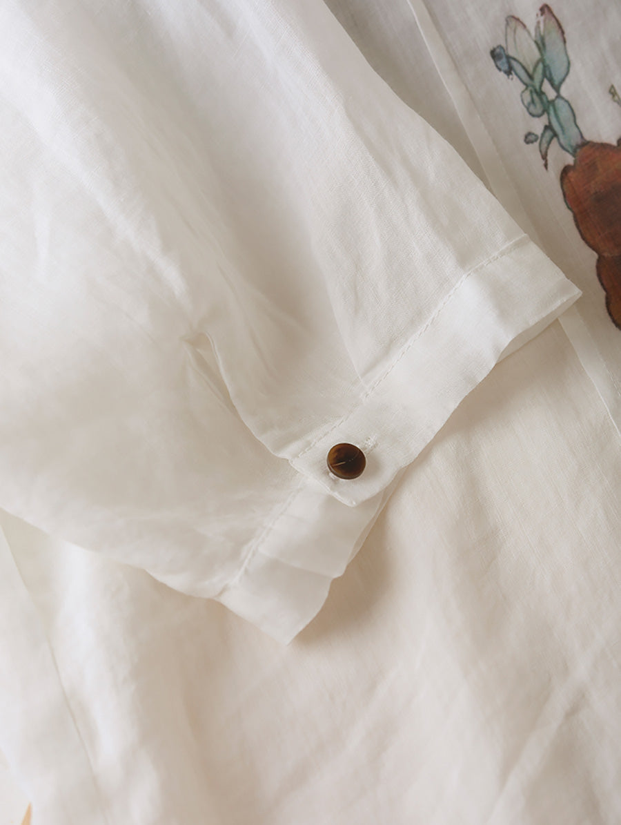 Women Summer Artsy Flower Shirred Button-up Ramie Shirt LL041 BUYKUD