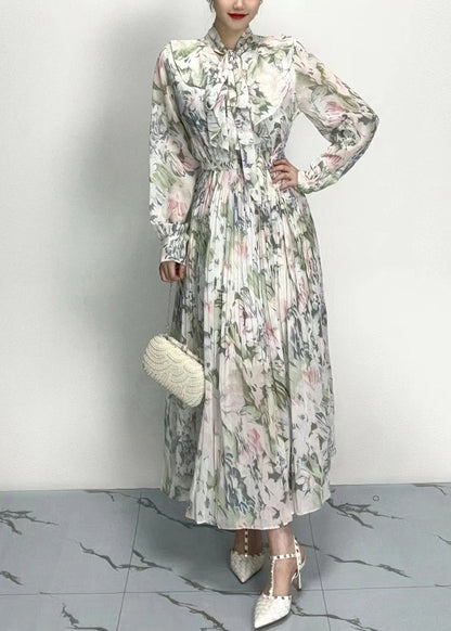 Classy Grey Bow Print Wrinkled Cotton Long Dresses Long Sleeve AO1011 JDML-FDL240909