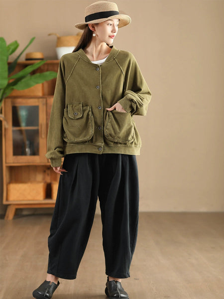 Women Retro Pure Color Stand Collar Pocket Cotton Coat AX1008 Genistyle Shop