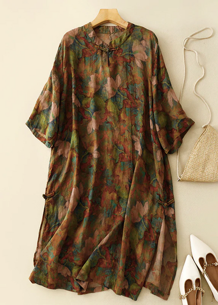 Grace Stand Collar Button Print Linen Dress Summer QR019 GSK-240929