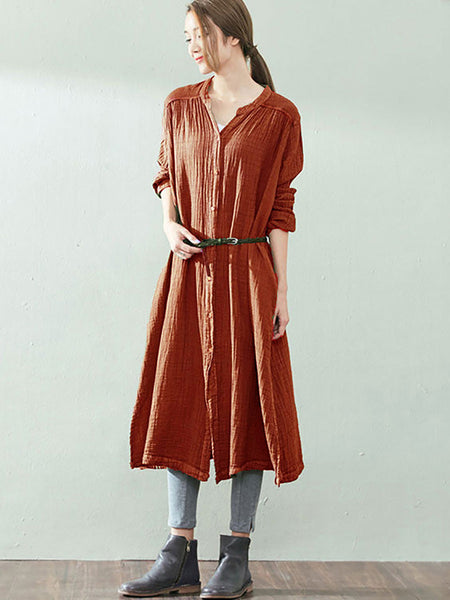 Plus Size Women Autumn Artsy Solid Button V-Neck Loose Dress AK1005 Genistyle Shop