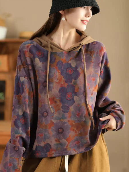 Women Casual Autumn Flower Hooded Cotton Sweatshirt WG021 ZMMM