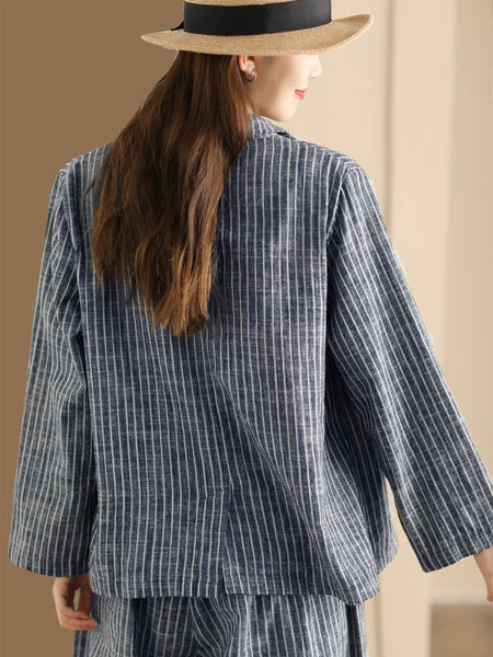 Plus Size Women Vintage Stripe Spring Linen Shirt+Pants II1057 BK