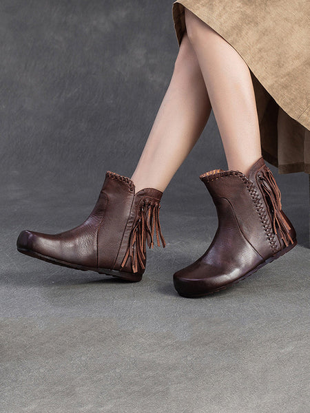 Autumn Leather Tassel Ankle Boots Women Vintage FashionChic
