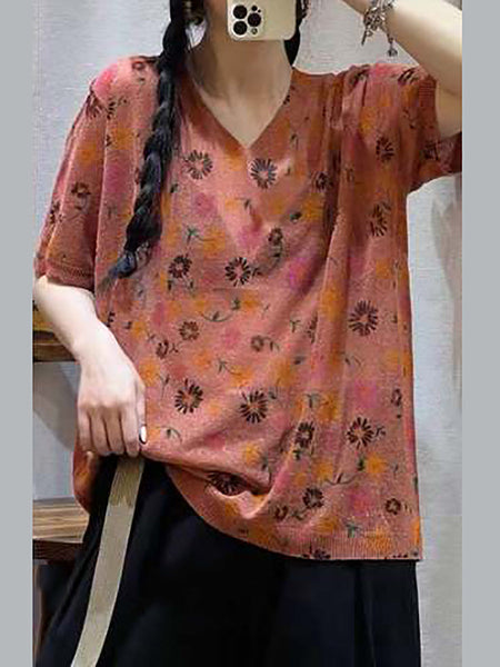 Women Casual Flower Summer V-Neck Loose Pullover Shirt QW1028 Ada Fashion