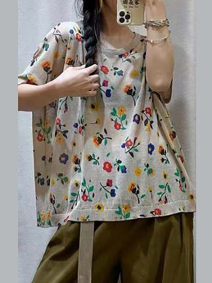 Women Casual Flower Summer Loose Pullover Shirt QW1027 Ada Fashion