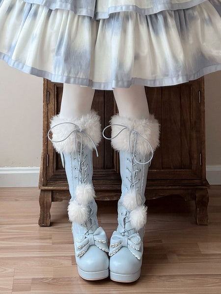Blue in Plush Knee-Highs Mid-heel Cuff PU with FashionChic