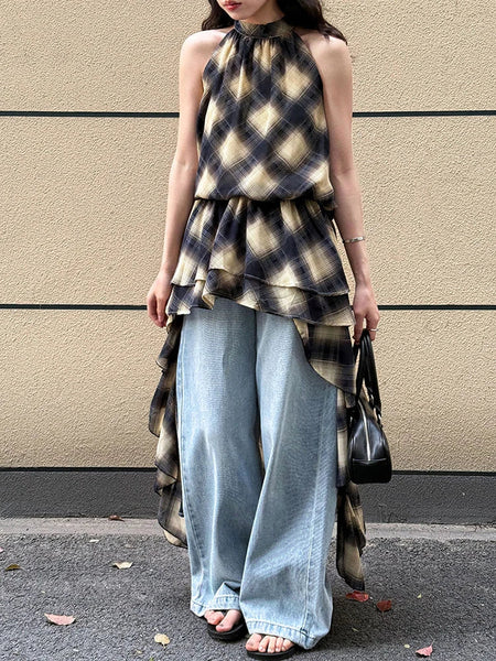 Asymmetric Khaki Plaid Neck Sleeveless Top High-Low Uniaue Halter FashionChic
