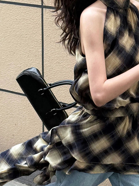 Asymmetric Khaki Plaid Neck Sleeveless Top High-Low Uniaue Halter FashionChic
