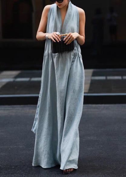 New Robe Dresses Pockets Solid Blue Linen Light Waist Tie FashionChic