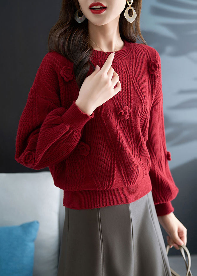 French Red O Neck Plaid Knit Sweater Fall QC031 shopify