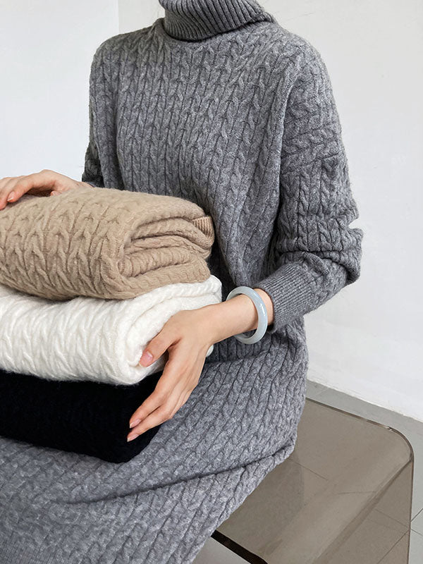 Casual Grey High-Neck Long Sleeve Twist Knit Dress AN1053 Genistyle Shop