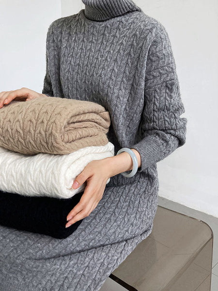 Casual Grey High-Neck Long Sleeve Twist Knit Dress AN1053 Genistyle Shop