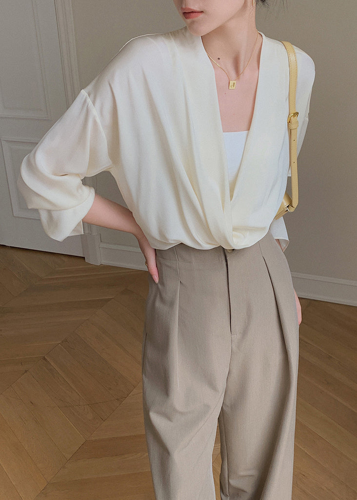 2024 New Chic Beige V Neck Chiffon Shirts Batwing Sleeve EE034 shopify