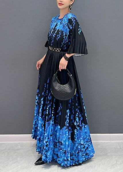 Fine Black O Neck Print Pleated Long Dresses Summer AO1006 JDML-SDL240909