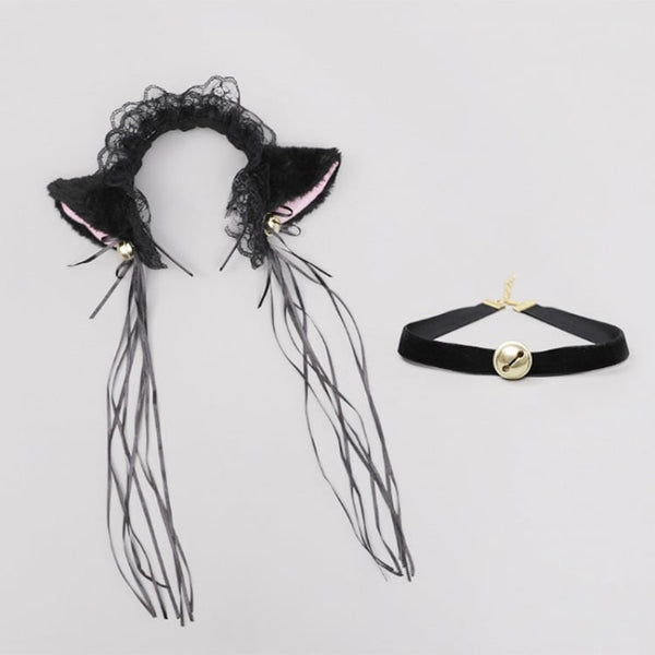Lace Ear Ribbon Set + / Bell Black Kitty Choker KC Plush White FashionChic