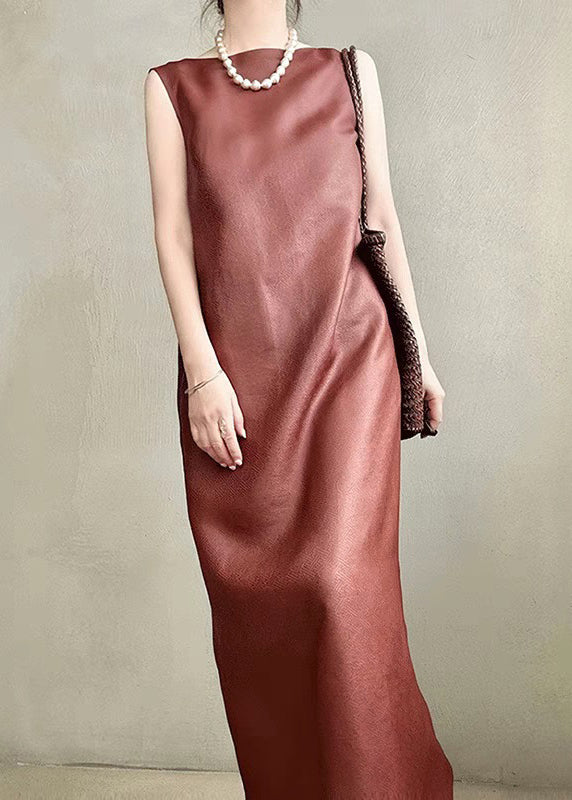 Open Side Sleeveless Long Back Elegant Red Dress Pockets Silk FashionChic