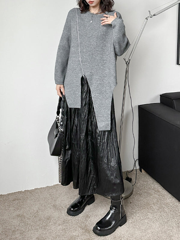 Street Grey Round-neck Zipper Decor Irregular High-low Hem Long Sleeve Sweater AN1067 Genistyle Shop