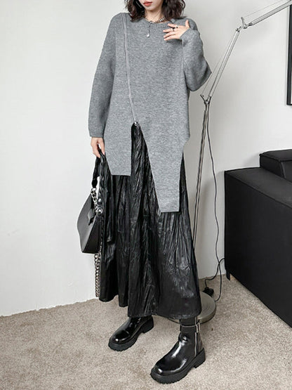 Street Grey Round-neck Zipper Decor Irregular High-low Hem Long Sleeve Sweater AN1067 Genistyle Shop