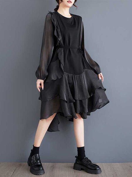 Chic Black Round-Neck Patchwork Contrast Color Ruffle Trim High-Low Long Sleeve Dress TW019 ABC