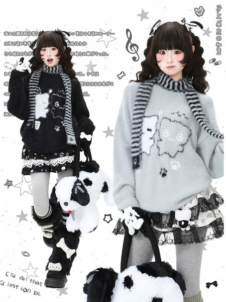 in with Pattern Grey/Black Scarf Cat Kawaii Striped Daily Sweater Set FashionChic
