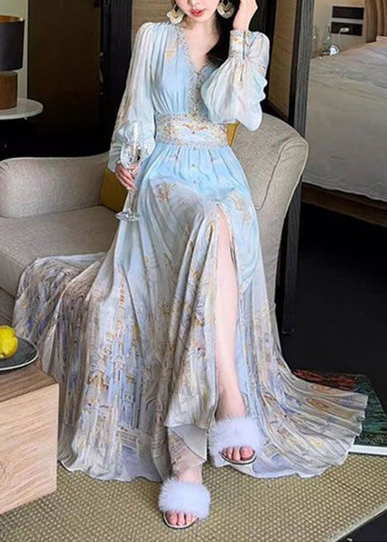Maxi Chiffon Print Dresses Waist Blue Stylish V Spring High Neck FashionChic