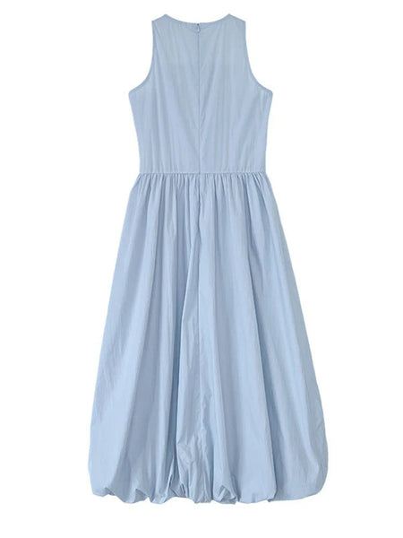 Patchwork O-neck Dress Simple Sleeveless Blue Puff Hem FashionChic