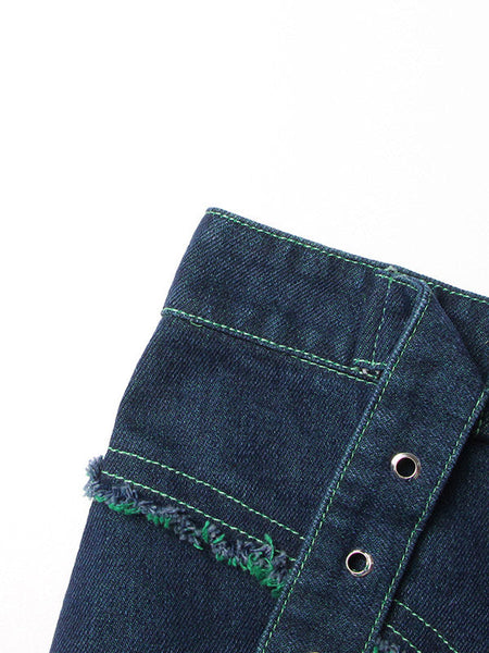 Stylish Denim With Belted Patchwork Blue Green Tulle A-Line Skirt TT1038 shopify