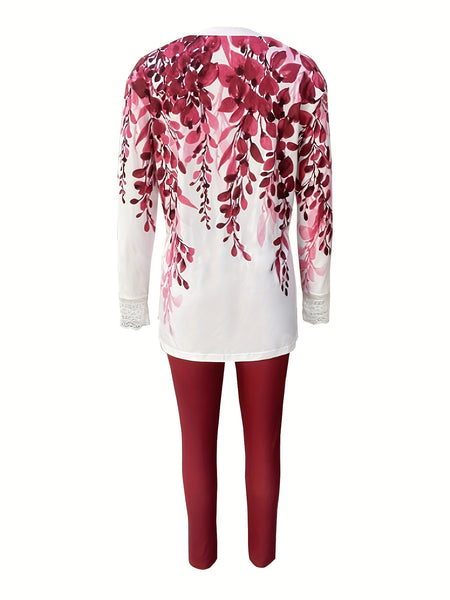 Chic Lace-Trimmed Two-Piece Set: Comfy Crew Neck Top & Sleek Skinny Pants for Every Occasion Furdela