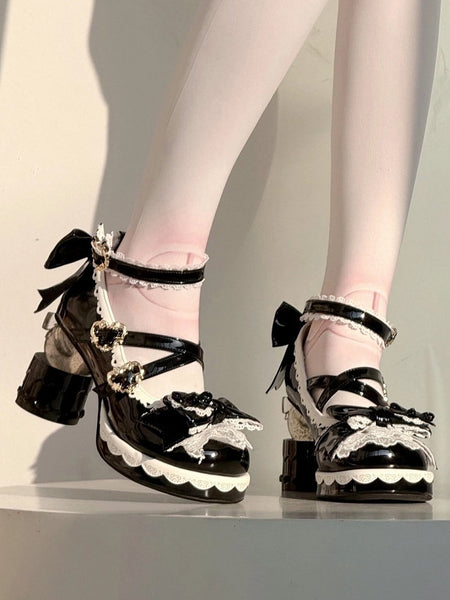 High Sweet Black Lace Bow Lolita Heel Cake-shaped Platform - Embellishments Heels with Edging FashionChic