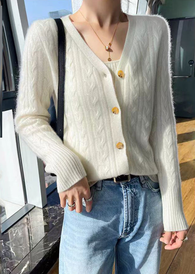 Italian Pink V Neck Solid Cable Wool Knit Cardigans Fall QP015 OL-NCT241001