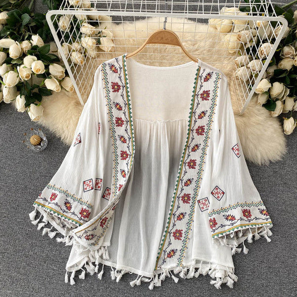 Bohemian White Embroidered Three-quarter sleeves Splicing Tassel Cardigan AR1023 shopify