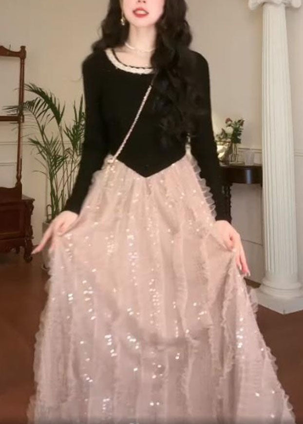 French Colorblock O Neck Patchwork Tulle Long Dress Fall QX035 shopify