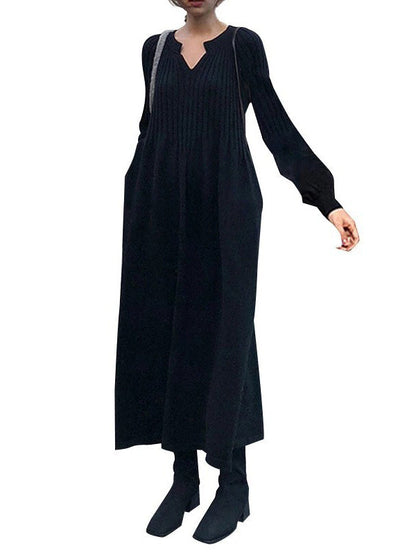 Causal Loose Grey V-Neck Pleated Long Puff Sleeve Knit Dress AN1038 Genistyle Shop