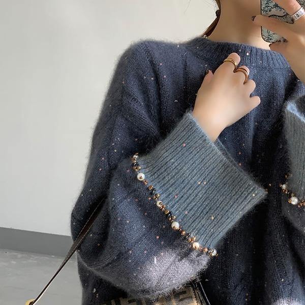Chic Grey O-neck Sequins Long Sleeve with Beaded Knit Sweater TW022 ABC