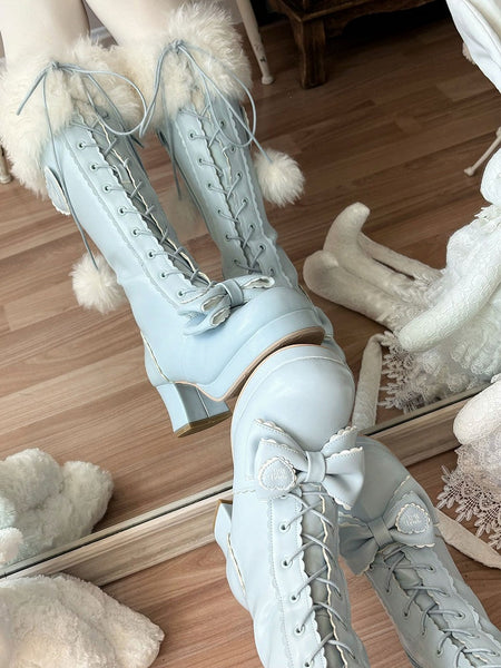 Blue in Plush Knee-Highs Mid-heel Cuff PU with FashionChic