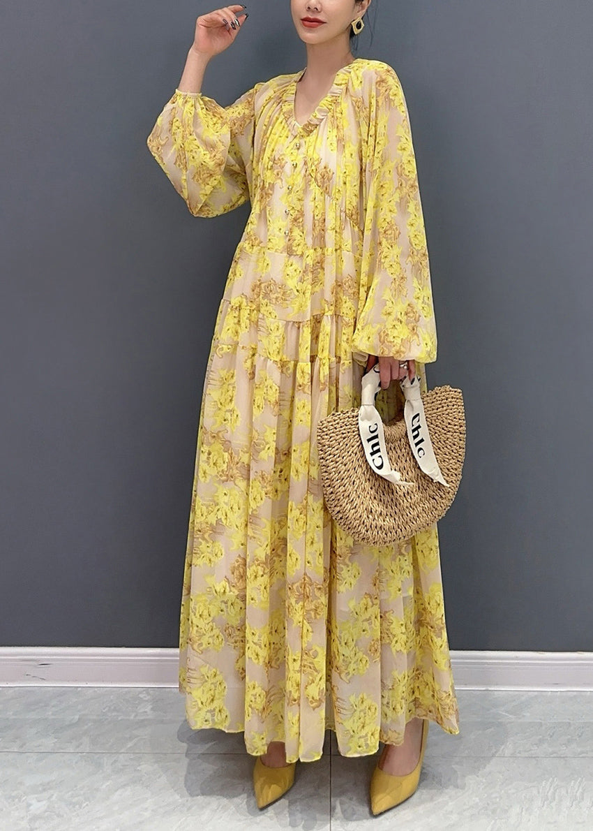 Plus Size Yellow V Neck Ruffled Print Chiffon Long Dresses Fall AO1069 JDML-FDL240909
