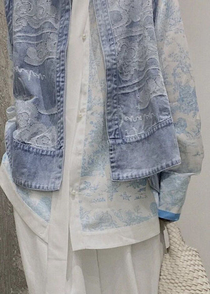 Chinese Style Blue Stand Collar Print Patchwork Low High Design Denim Waistcoat Summer NN035 shopify