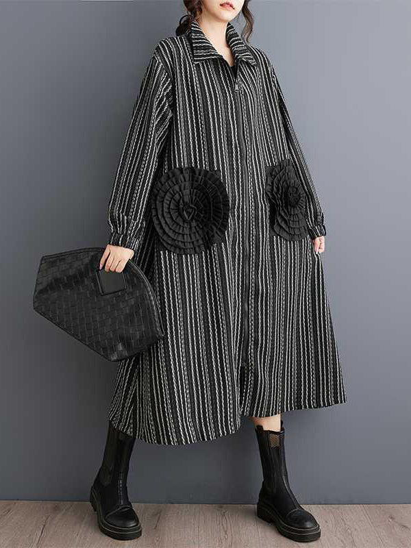 Design Black Lapel Flower Pockets Striped Long Sleeves Zip-up Dress WS010 shopify