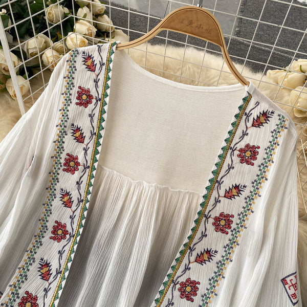 Bohemian White Embroidered Three-quarter sleeves Splicing Tassel Cardigan AR1023 shopify